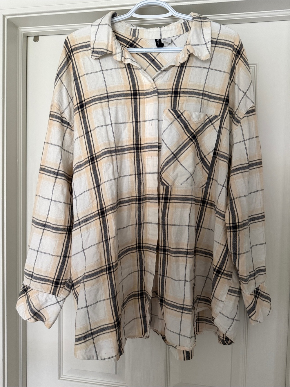 H&M Cream Plaid Flannel Button-Down Shirt with Tan and Black Stripes